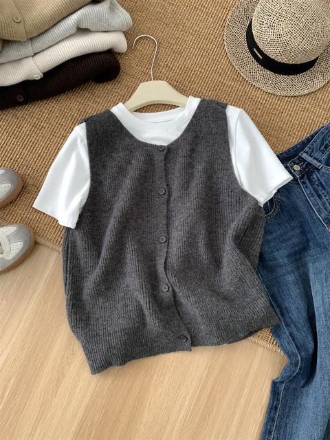 High-end brown cardigan knitted vest for women spring and autumn layered wool vest short sweater vest jacket top