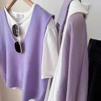 Very Beautiful Purple V-Neck Knitted Vest for Women, Spring and Autumn, High-End Style, Layered Sweater Vest, Sleeveless Top