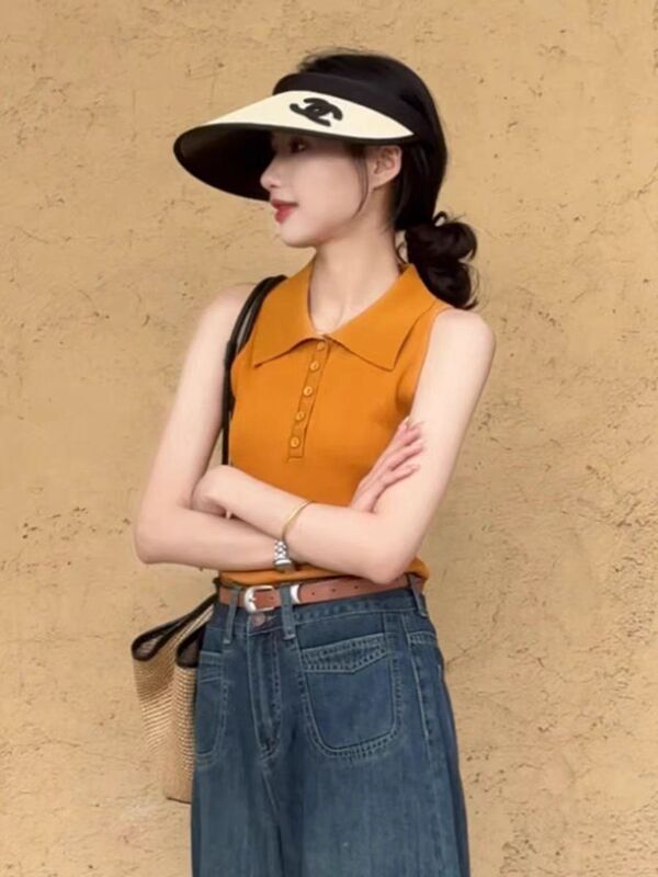 Pumpkin Orange Sleeveless Polo Collar Knitted Camisole for Women, Summer Short Slim Fit Lapel Top with a High-End Feel for Outerwear Pumpkin Orange Sleeveless Polo Collar Knitted Camisole for Women, Summer Short Slim Fit Lapel Top with a High-End Feel for Outerwear