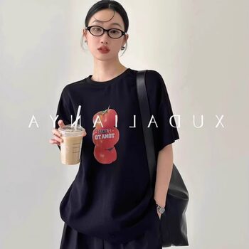 American-Style Black Tomato Print Short-Sleeve T-Shirt for Women, Summer 2026 New Oversized Loose Lazy Style Half-Sleeve Top
