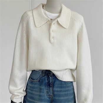 Japanese-Style Thick Polo Collar Sweater for Women, New Autumn and Winter Knitwear, Base Layer, Turn-Down Collar, Wool, Casual Top