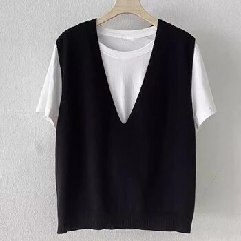 Japanese-Style V-Neck Black Versatile Slim-Fit Knit Vest for Women, Early Spring Layering Sweater, Sleeveless Top