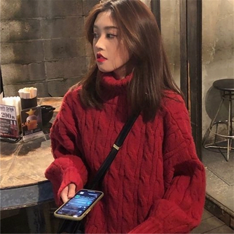 Burgundy Turtleneck Sweater for Women, New Winter Style, Loose and Lazy Style, Thickened Solid Color Cable Knit Short Top