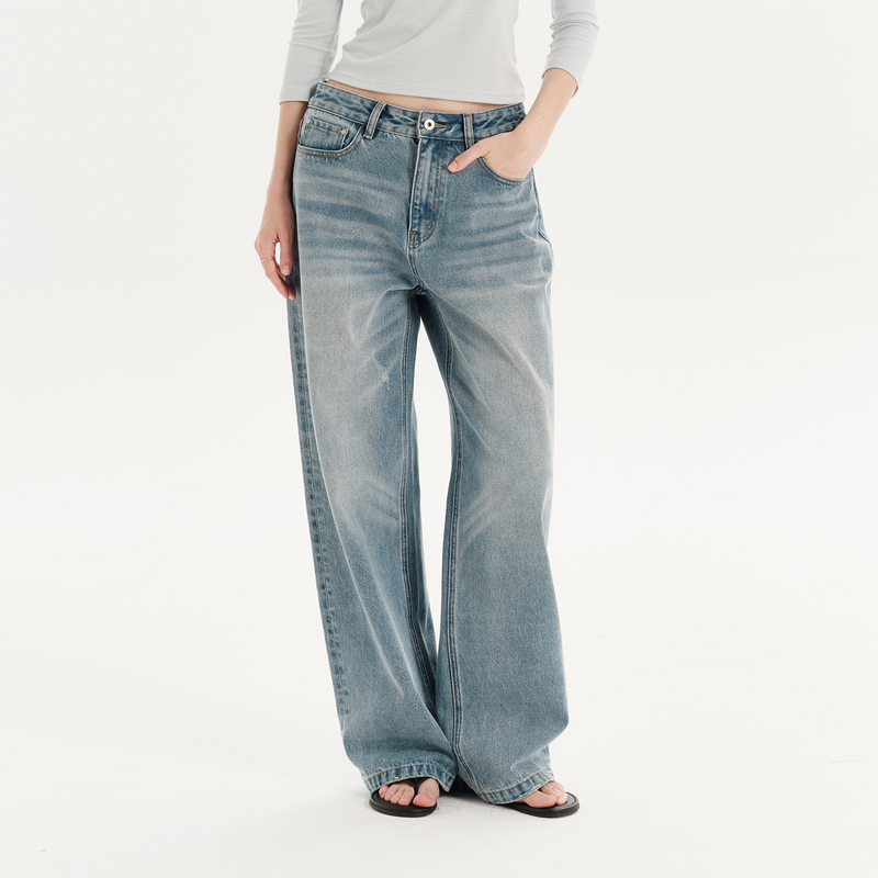 Asymwe Classic Washed Soft Mist Blue Casual Loose Straight Mid-Low Waist Retro Versatile Denim Casual Pants