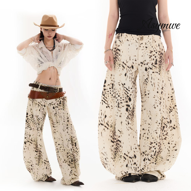 Asymwe Qishan Mingli Cow Print Leopard Print Design Long Pants Low-Waist Scimitar Wide-Leg Jeans