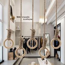 Hemp rope solid wood large circle retro old clothing store display rack shop decoration solid wood hemp rope ring hanger