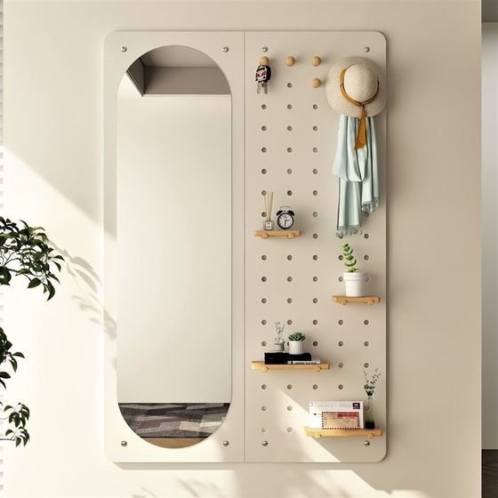 洞洞板全身镜家用卧室试衣镜ins风玄关K壁挂穿衣镜衣帽架一体镜子