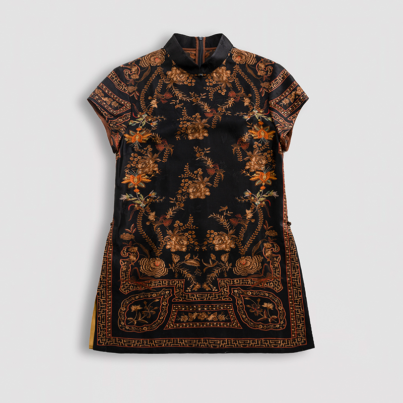 Red Cloud Gauze (Gold Branches on Ink Background) Vintage Elegant Black and Gold Floral Stand-Collar Loose Slimming Cheongsam Top 62541 Red Cloud Gauze (Gold Branches on Ink Background) Vintage Elegant Black and Gold Floral Stand-Collar Loose Slimming Cheongsam Top 62541