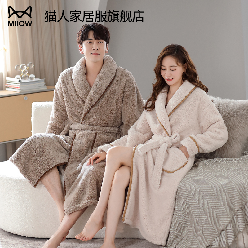 Cat-Themed Couple's Winter Coral Fleece Bathrobe, Thickened and Plush, Men's and Women's Autumn and Winter Style, Elegant Sleepwear for Winter Cat-Themed Couple's Winter Coral Fleece Bathrobe, Thickened and Plush, Men's and Women's Autumn and Winter Style, Elegant Sleepwear for Winter