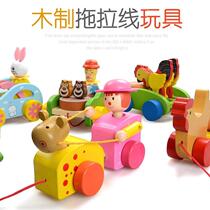 Wooden childrens trolley toy baby trolley towing toy toddler wooden pull rope caterpillar
