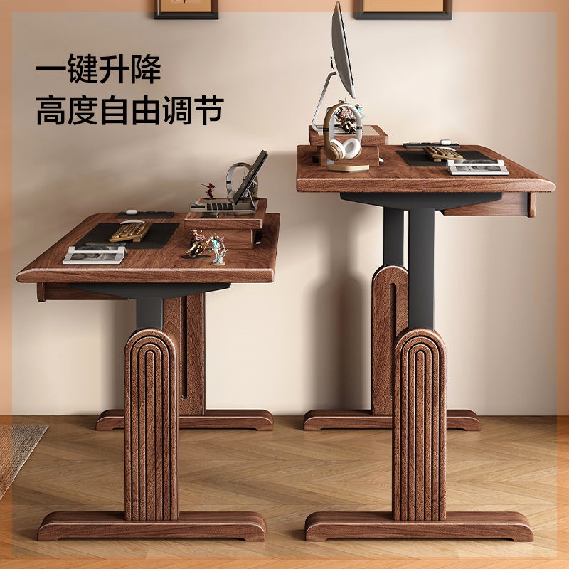 Pure Solid Wood Desk, Black Walnut Wood Adjustable Desk and Chair Combination, Electric Study Table, Solid Wood Office Desk, Standing Work Desk