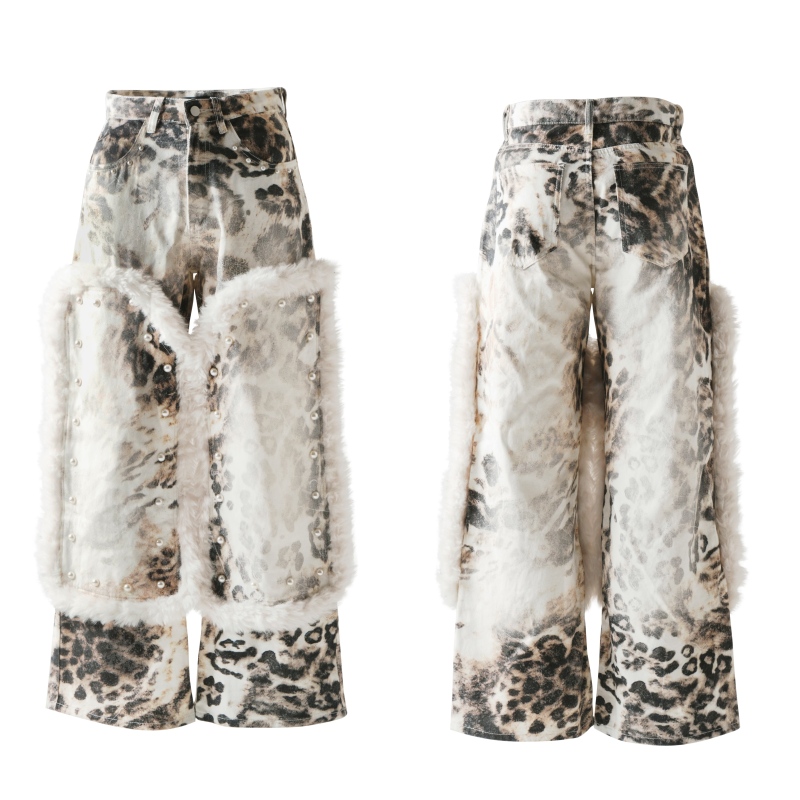 Revesture "Snow Leopard" Leopard Print Digital Print Lumberjack Pants with Wool Splicing