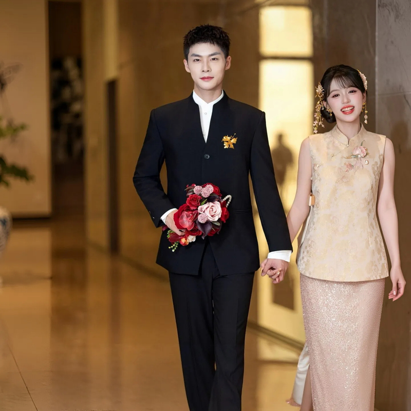 New Chinese-Style Men's Suits, Wedding Groom's Attire, Stand-Up Collar Zhongshan Suit, Men's Wedding Suit, Men's Suit Set with a High-End Feel