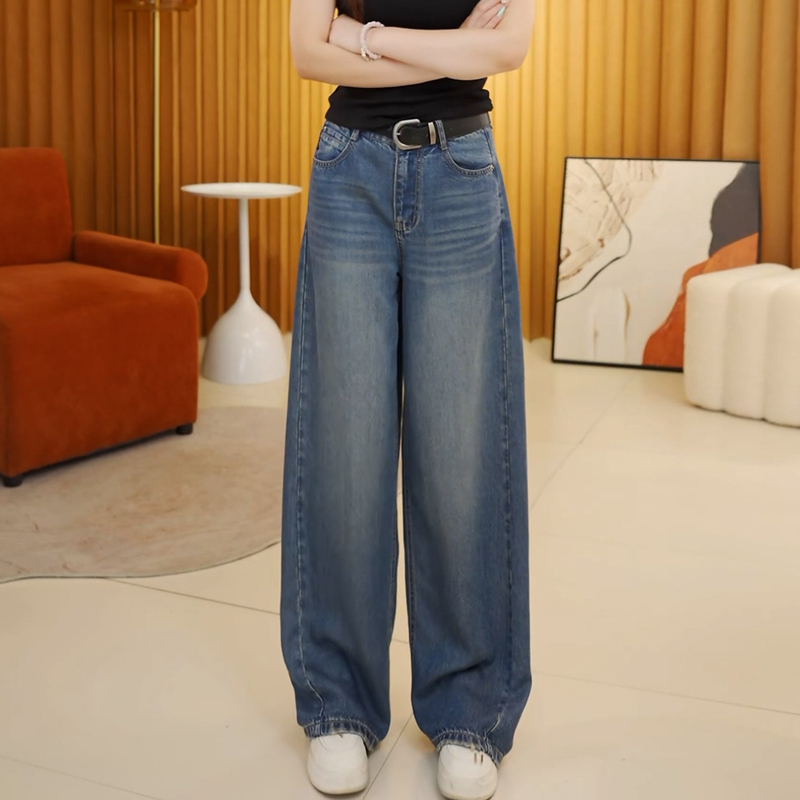 Wang Aego Summer New Vintage Style High-Waisted Slimming Loose Wide-Leg Jeans with Drapey Versatile Straight-Leg Pants