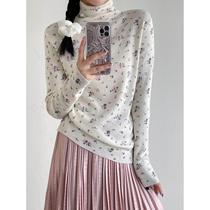 Wool high-neck soft waxy floral knitted bottoming shirt for women 2024 winter new Korean style loose inner wear 0435