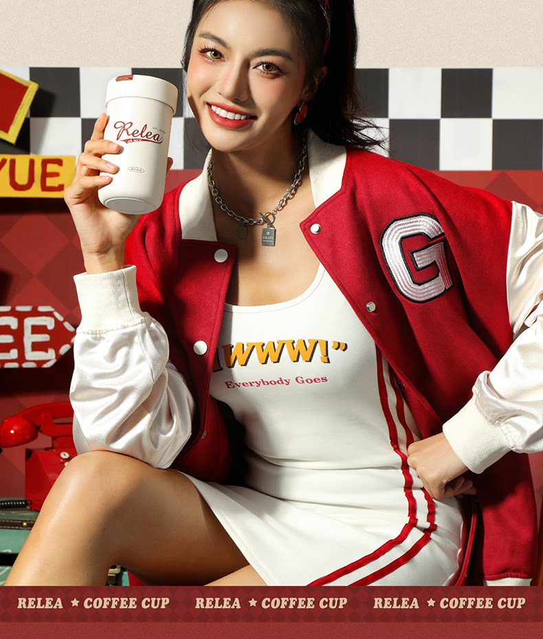  物生物 高颜值保温杯 440ML-英伦红/件 保冷咖啡杯 316不锈钢吸管水杯