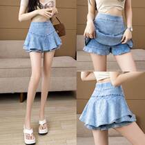 Spring new hot girl ruffled denim skirt womens versatile design niche anti-exposure A-line skirt
