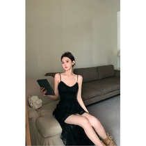 Ruffled design lace suspender dress for women summer temperament irregular skirt slimming waist A-line long skirt