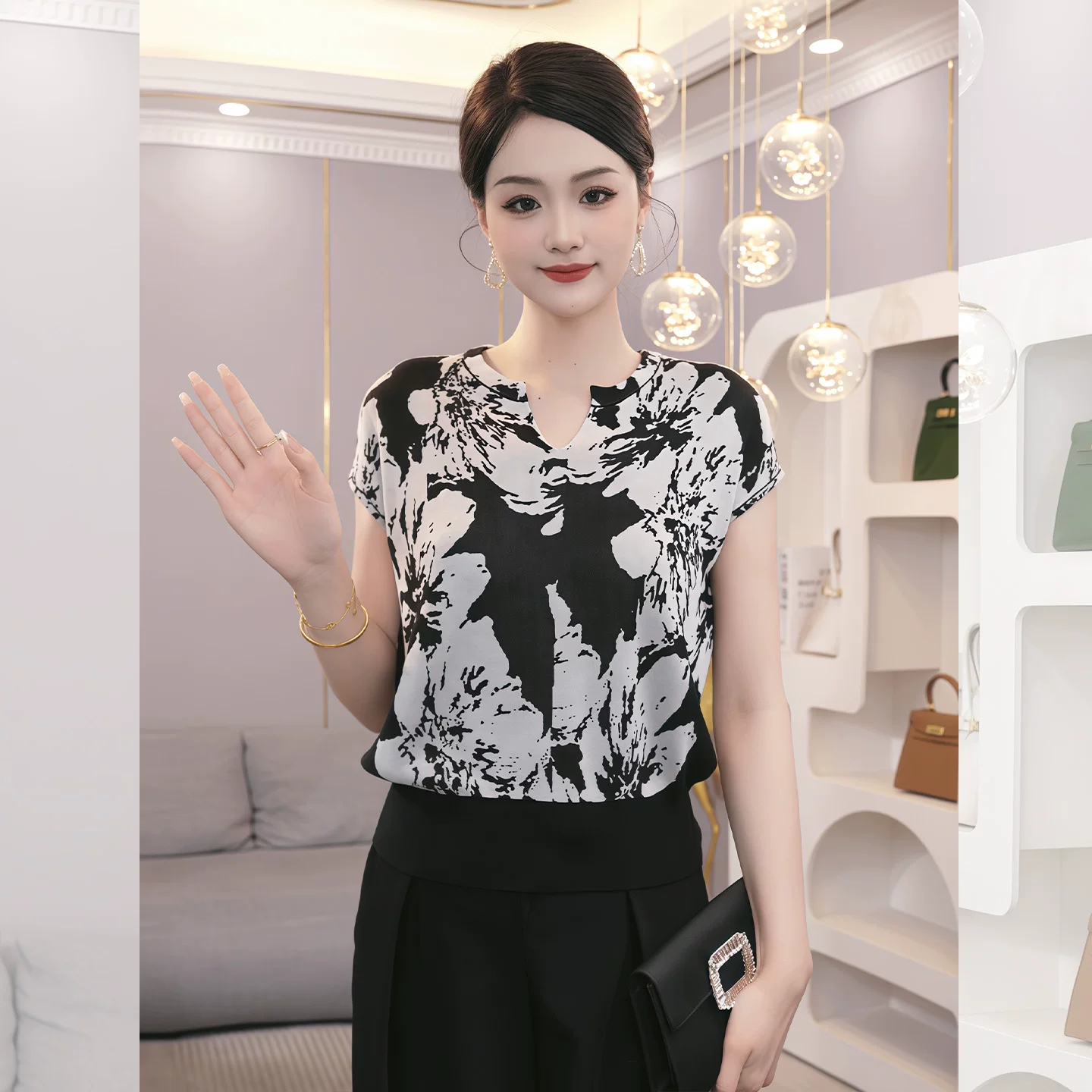 T-shirt women's 2025 new Tencel cool breathable sweater light luxury high-grade black and white jacquard V-neck temperament short sleeves