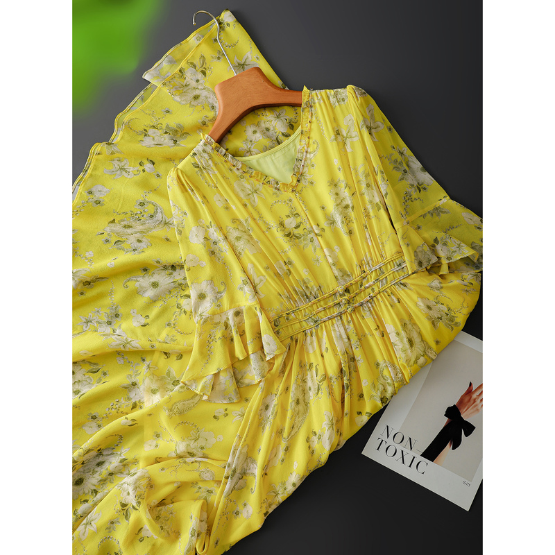 Elegant Style! Silk Mulberry Silk Georgette Lace V-Neck Fashion Printed Bell-Sleeve Dress Yq0024 Elegant Style! Silk Mulberry Silk Georgette Lace V-Neck Fashion Printed Bell-Sleeve Dress Yq0024