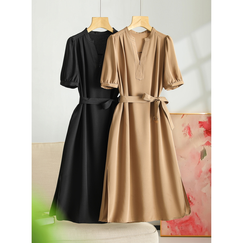 Elegant Hepburn Style ~ Silk Mulberry Silk Stretch Heavy Crepe Solid Color Stand Collar Simple Waist-Cinching Dress L00035