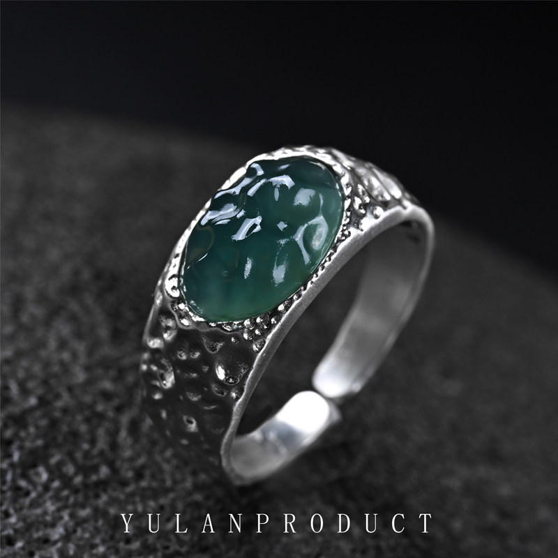 Yulan Wenwan First Awakening Series Jingjing Ice Green Light Luxurious Natural Jade Open Ring for Men and Women Couples