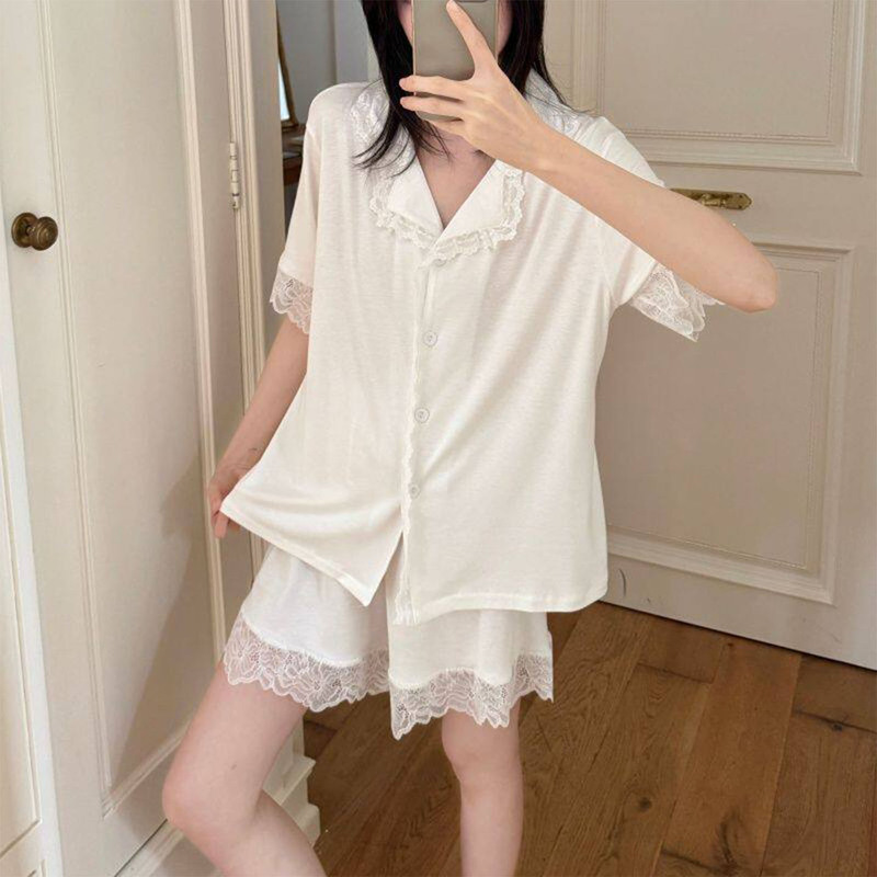 Pajamas for Women, New Summer Style Rayon Short-Sleeved Shorts Set, Solid Color, Sexy Lace Trim, Can Be Worn Outside as Home Clothes