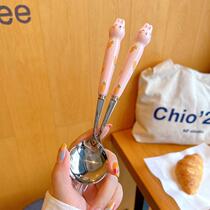 Cartoon 304 stainless steel ceramic handle spoon fork household childrens eating spoon creative cute spoon spoon