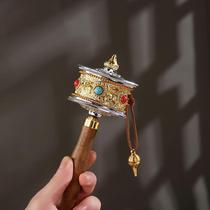 6 cm leather rope hand-turned prayer wheel Tibetan pure brass hand-held gold bucket six-character mantra household Tibetan hand-turned prayer wheel