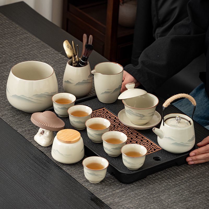 Ru Kiln Kung Fu Tea Set for Home Use, Ceramic Teapot, Gaiwan, Tea Cups Full Set for Living Room, High-End Tea Brewing Set for Office