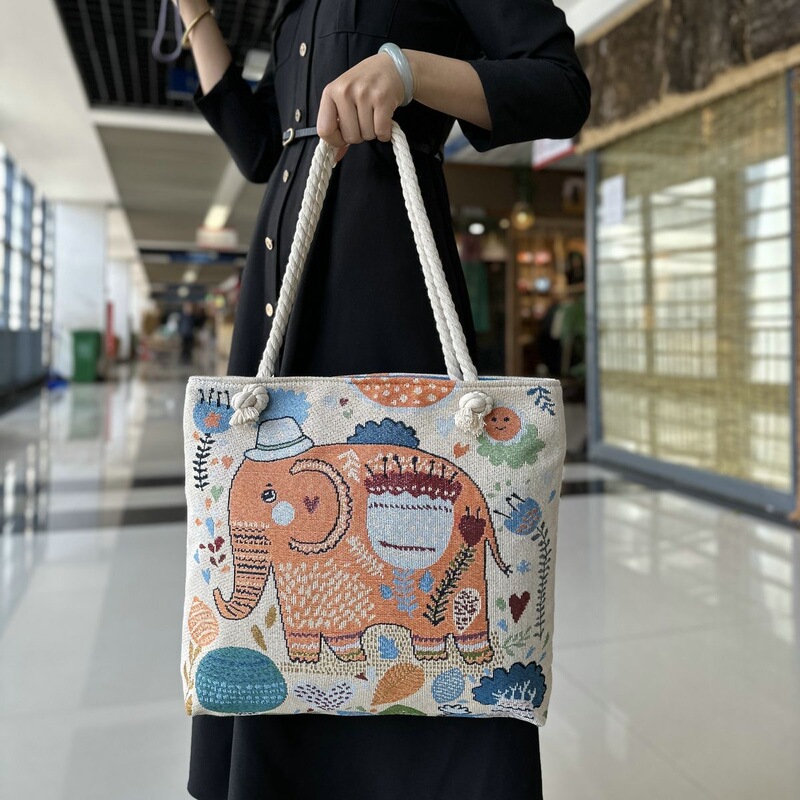 Popular Xishuangbanna Tourist Souvenir Ethnic Style Bag, Orange Elephant Double-Sided Jacquard Embroidery, Large Capacity