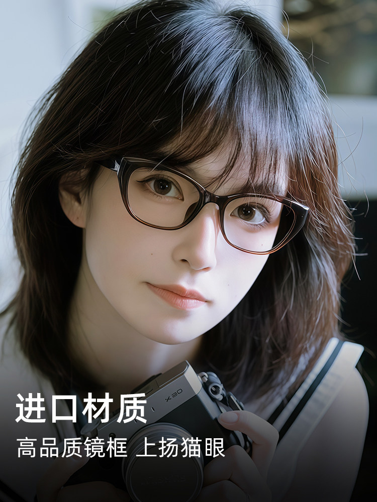 Korean-Style Cool Tea-Colored Cat-Eye Glasses for Nearsighted Women, Customizable Prescription, Blue Light Blocking, Slimming, Natural Look, Eyeglass Frames