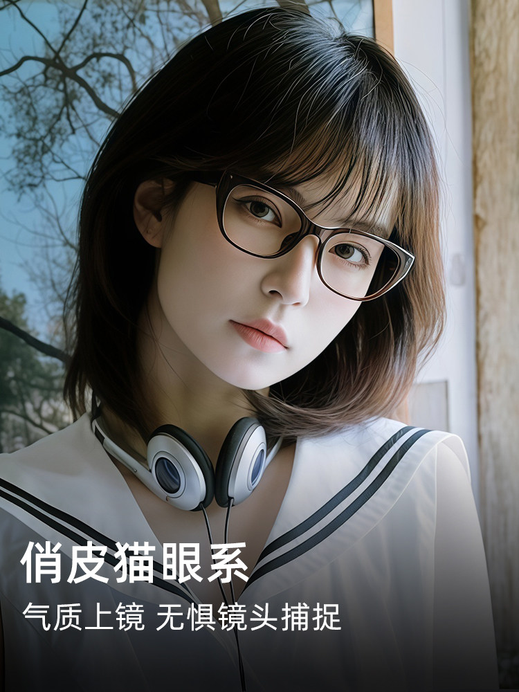 Korean-Style Cool Tea-Colored Cat-Eye Glasses for Nearsighted Women, Customizable Prescription, Blue Light Blocking, Slimming, Natural Look, Eyeglass Frames