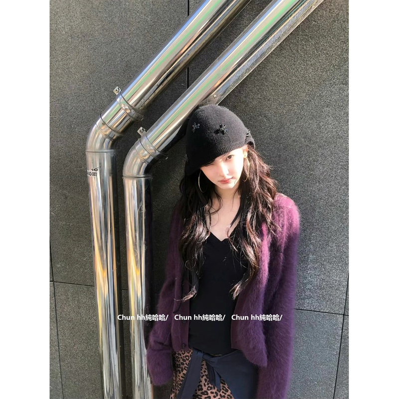 Korean-Style Gentle and Lazy Purple Knitted Cardigan for Women, Soft and Relaxed Autumn and Winter Sweater Jacket with Long-Sleeved Top