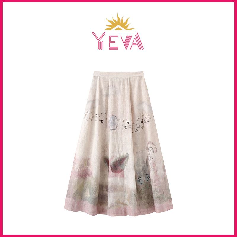 YEVA【舒淇と同じデザイン】ぼかし絵画プリントAラインスカート 25夏新作 個性的で美しいスカート