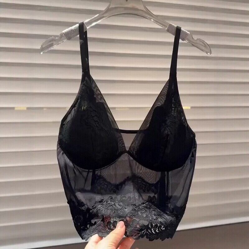 Black Lace Backless Camisole Bra Integrated Vest for Women, Brushed Fishbone Bra for Layering with Suits or Fur