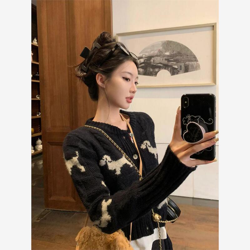 If It Pills, We'Ll Refund You~ Lazy Style Navy Blue Knitted Cardigan with a Youthful Vibe, Puppy Jacquard Design Sweater for Women Tb