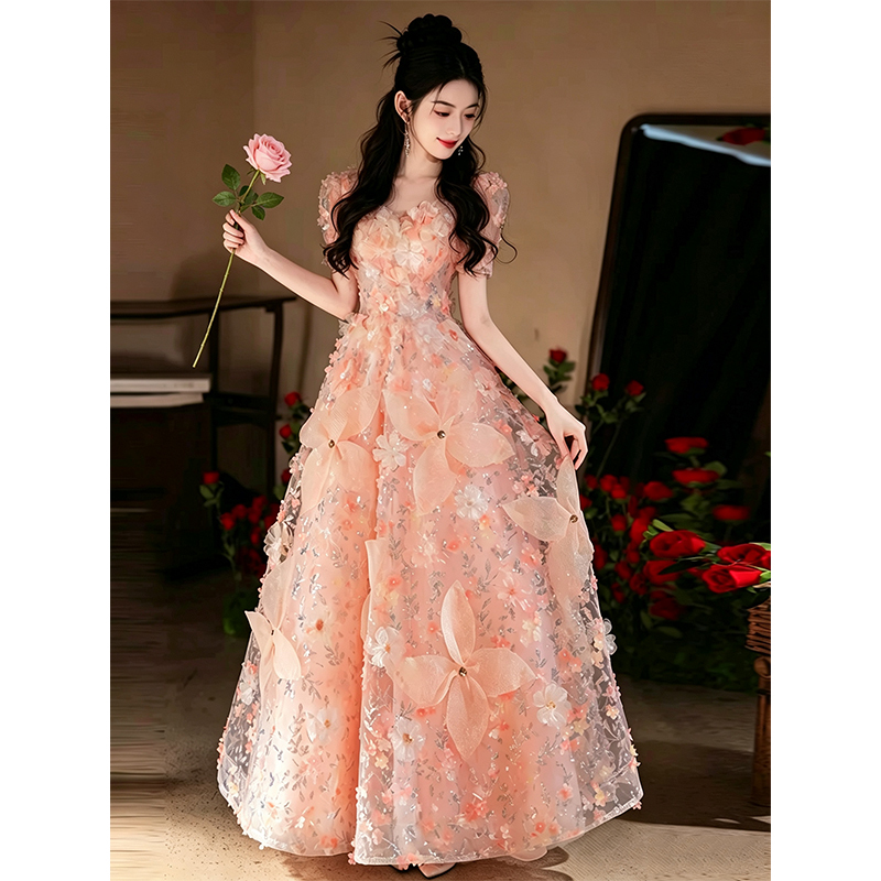 Sweet Style Evening Dress for Engagement Banquet 2026 New High-End Pink Student Day Coming-Of-Age Ceremony Three-Dimensional Floral Dress Sweet Style Evening Dress for Engagement Banquet 2026 New High-End Pink Student Day Coming-Of-Age Ceremony Three-Dimensional Floral Dress