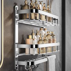 Stainless Steel Bathroom Toilet Storage Rack, Integrated Towel Rack for Shower and Washroom, No-Drill Installation