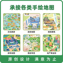 Hand-drawn map custom painting custom design high school tourist attraction hotel building guide map cartoon
