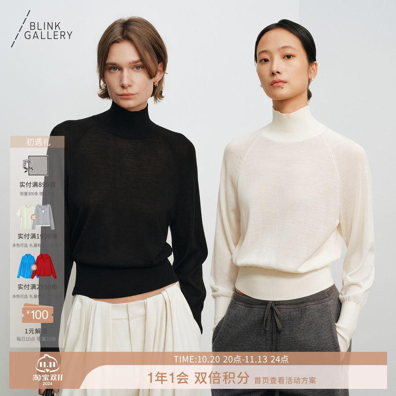 Blink/Lightweight and Soft O-Pressed Silk Wool Turtleneck Batwing Sleeve Relaxed Versatile Paper-Thin Sweater Top