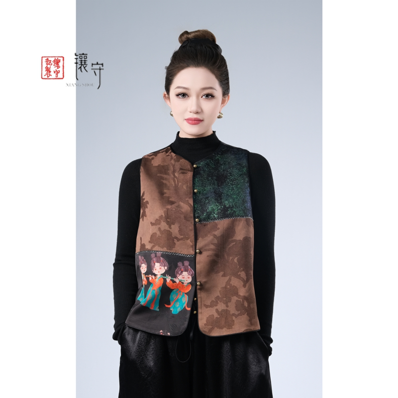 Inlay Original Chinese-Style Acetate Jacquard New Retro Distressed Splicing Versatile Casual Trendy Cool Waistcoat Vest Gupan