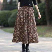 Fat Mom Floral Skirt Womens Spring and Summer Pastoral Style Cotton and Linen Retro A-Line Skirt High Waist Mid-Length Half Skirt