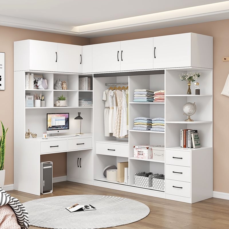 Children's Room Small Bedroom Wardrobe with Study Table, Desk, and Bookshelf Combination, Solid Wood Sliding Door Integrated Corner Dressing Table
