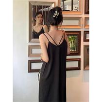 Fat sister summer suspender dress womens loose inner layer vacation bottoming V-neck chiffon slit vest long skirt