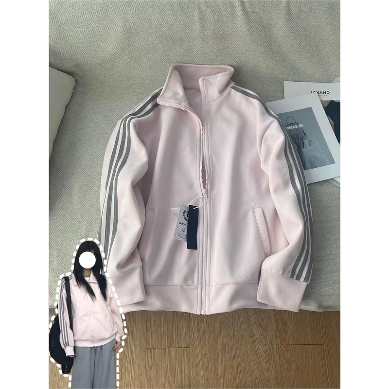 Pink Three-Stripe Stand-Collar Sweatshirt Jacket for Women, Autumn 2026 New Style, Oversized, Niche Korean Style, Thin Sports Model