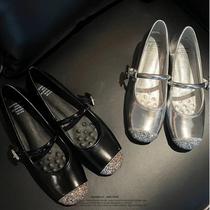2024 silver inner height increasing womens shoes spliced ​​round toe soft sole flat ballet shoes one-strap Mary Jane shoes for women