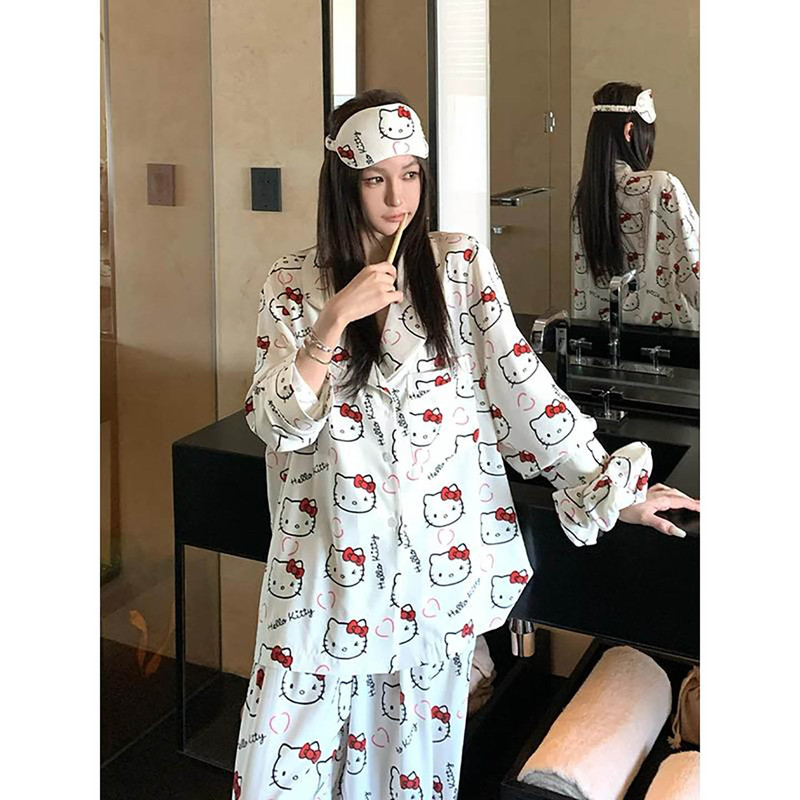 Korean Uamtor Cute Cartoon Cat Pajamas for Women, Autumn 2026 New Loose Wide-Leg Pants Loungewear Set Korean Uamtor Cute Cartoon Cat Pajamas for Women, Autumn 2026 New Loose Wide-Leg Pants Loungewear Set