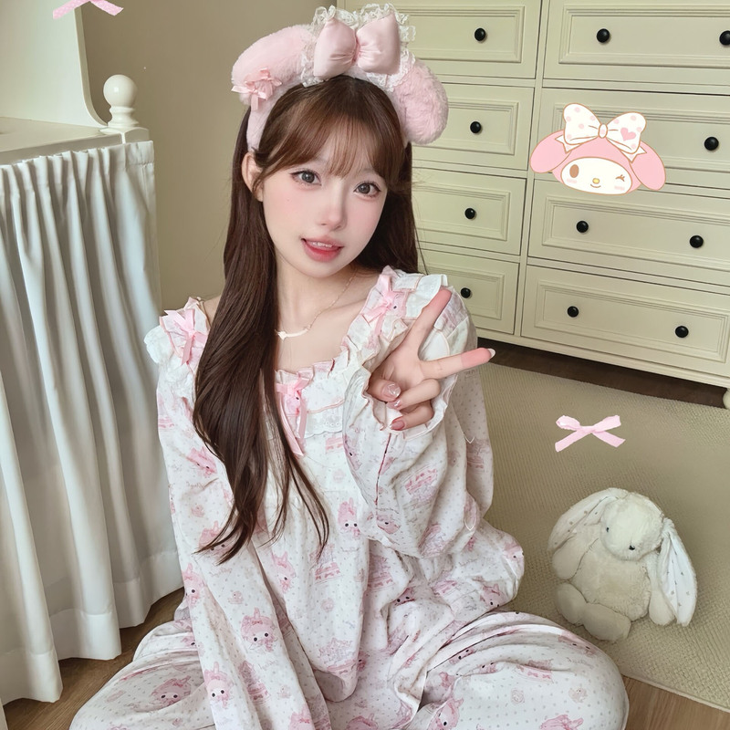 Korean Uamtor2026 Spring and Autumn Cute Pure and Desirable Lace-Trimmed Printed Babydoll Pajama Set for Women Korean Uamtor2026 Spring and Autumn Cute Pure and Desirable Lace-Trimmed Printed Babydoll Pajama Set for Women