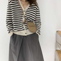 New ready-made quick-release cashmere striped V-neck loose sweater Korean style retro jacket Internet celebrity college button thin outer